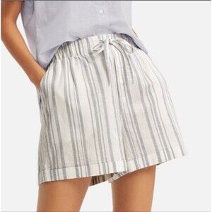 Uniqlo Striped Shorts MED Pull On Linen Cotton Shorts Hi Rise Drawstring Pockets